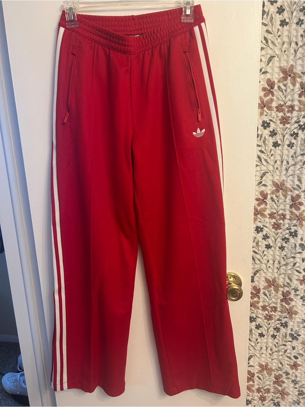 adidas Red Track Joggers with White Three-Stripes